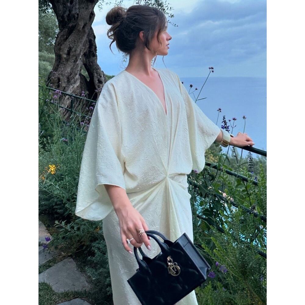 ZARA Ivory XL Crinkle Effect Midi Dress Kaftan Boho Wedding Bridal Robe Coastal